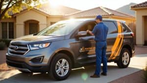 The background features typical Arizona desert landscapes, with cacti and dry terrain. A fully-equipped, branded mobile mechanic van is parked beside the car, with the sun shining brightly, reflecting the hot Phoenix climate.
