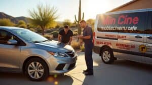 A mobile mechanic in Phoenix working on a car in a sunny residential neighborhood. The mechanic, dressed in a professional uniform, is repairing the vehicle's brake system while the customer stands nearby, relaxed in their driveway.