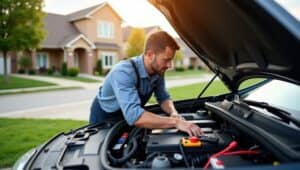 Technician using diagnostic tools on a vehicle parked under the Phoenix , Arizona sun