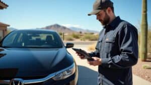 Mobile mechanic scanning a car’s OBD system in a Phoenix residential area